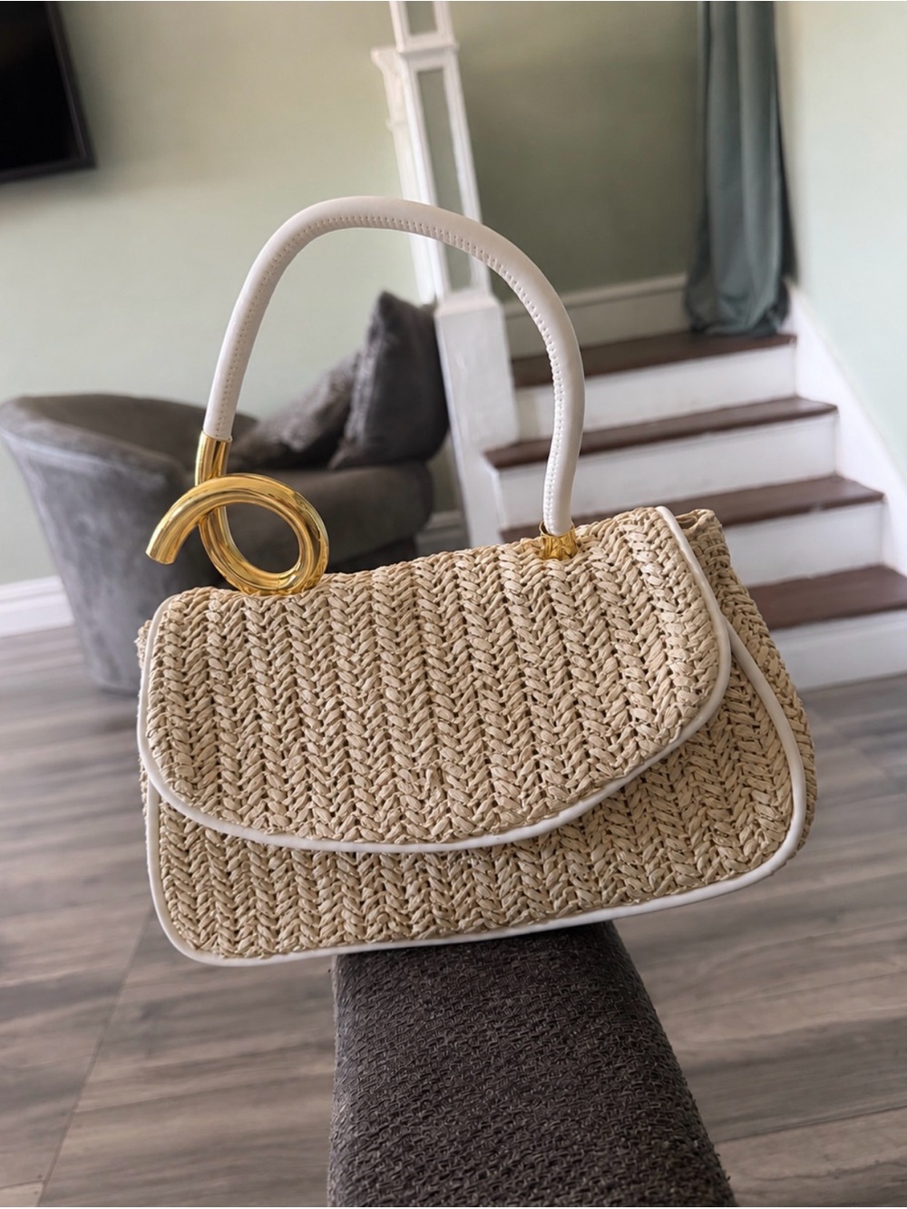 Fashion Nova Cream Woven Shoulder Bag with Gold Accent